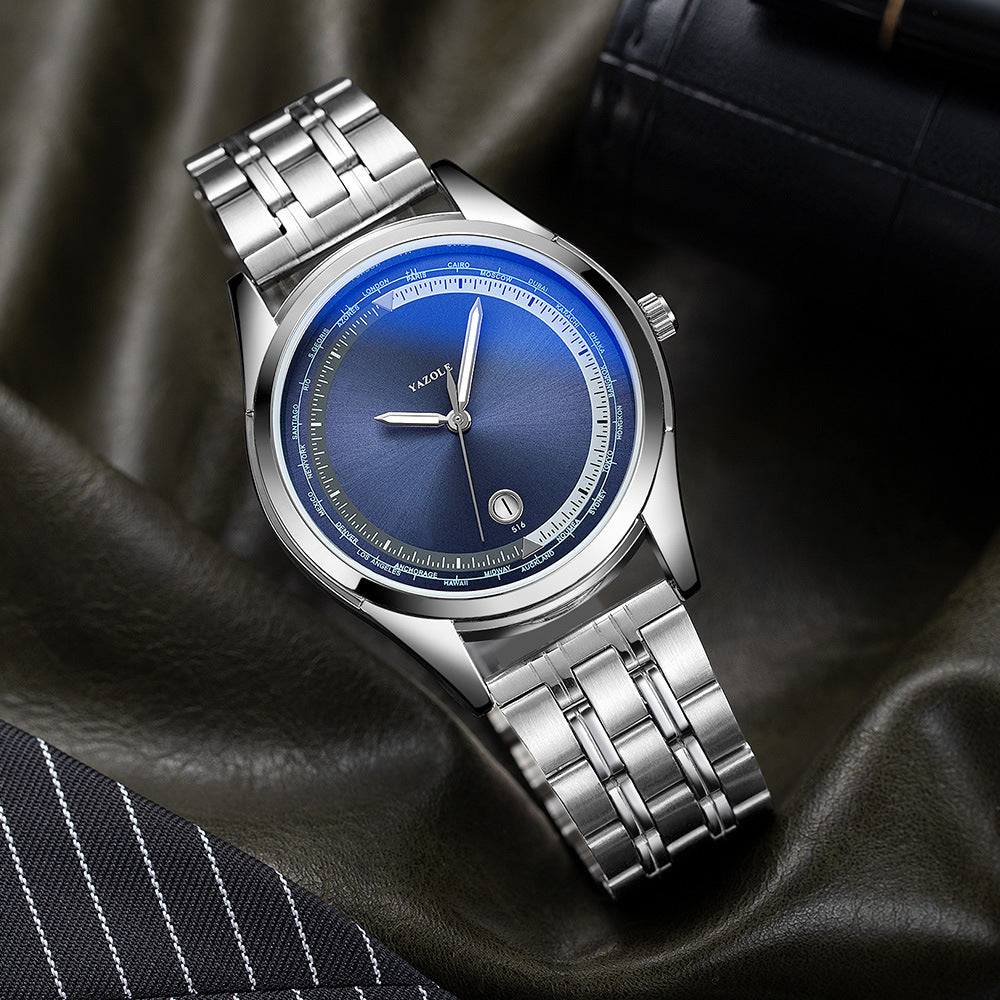 Classic Men's Business Watch - Blue Dial, Stainless Steel Band