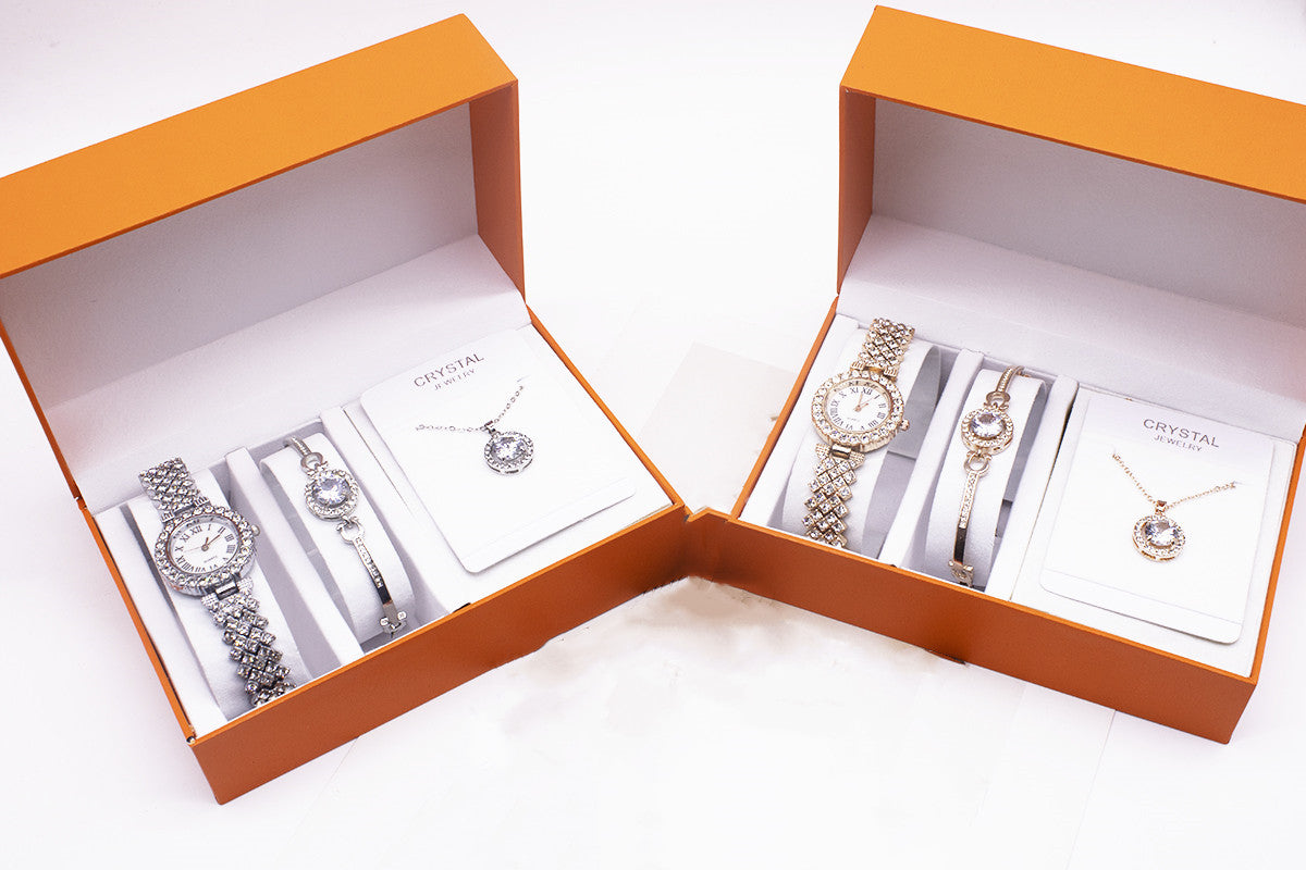3-piece Rhinestone Watch Set with Bracelet and Necklace