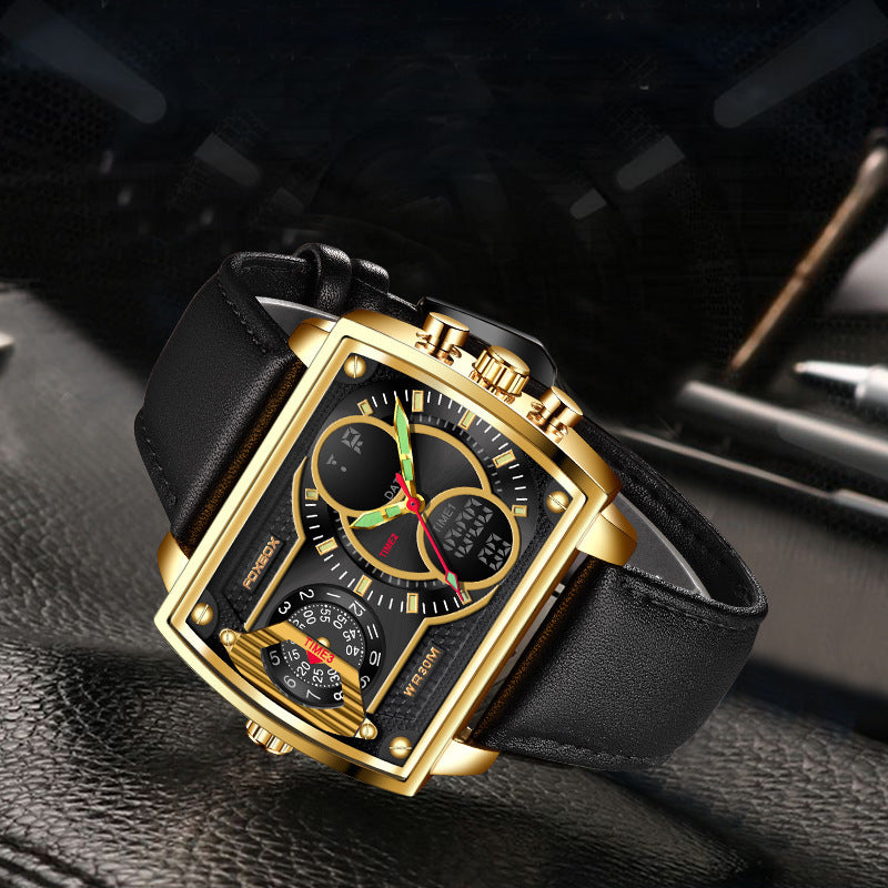 Men's Square Quartz Electronic Dual Display Watch