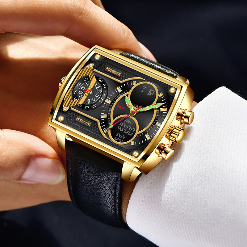 Men's Square Quartz Electronic Dual Display Watch