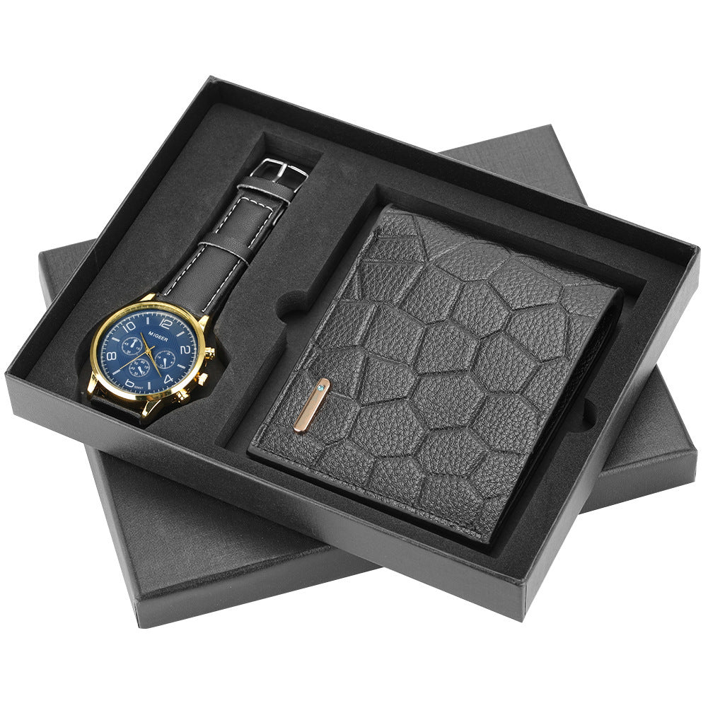 Men's Watch & Textured Leather Wallet Gift Set – Elegant Timepiece with Stylish Billfold