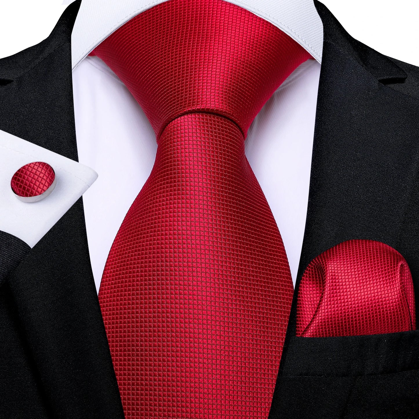 Men's Fashion Solid Tie Set with Handkerchief and Cufflinks