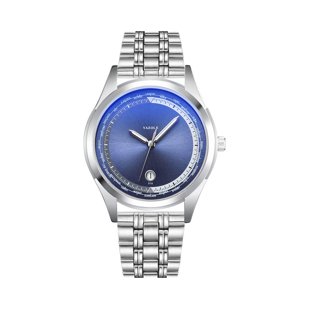 Classic Men's Business Watch - Blue Dial, Stainless Steel Band