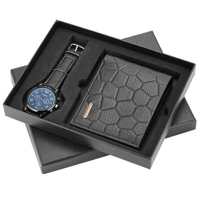 Men's Watch & Textured Leather Wallet Gift Set – Elegant Timepiece with Stylish Billfold